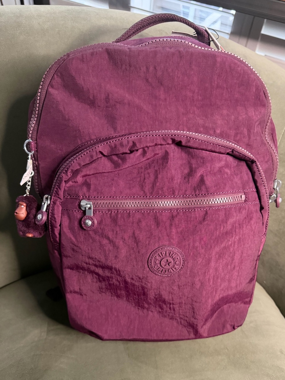 NWT Kipling Seoul Dark Plum Large Backpack with Monkey Charm